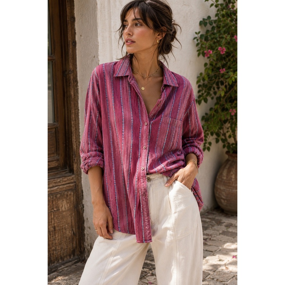 Pilcro ANTHRO THE BO BOYFRIEND Striped Button-Up Shirt Relaxed Bohemian Top‎ MP